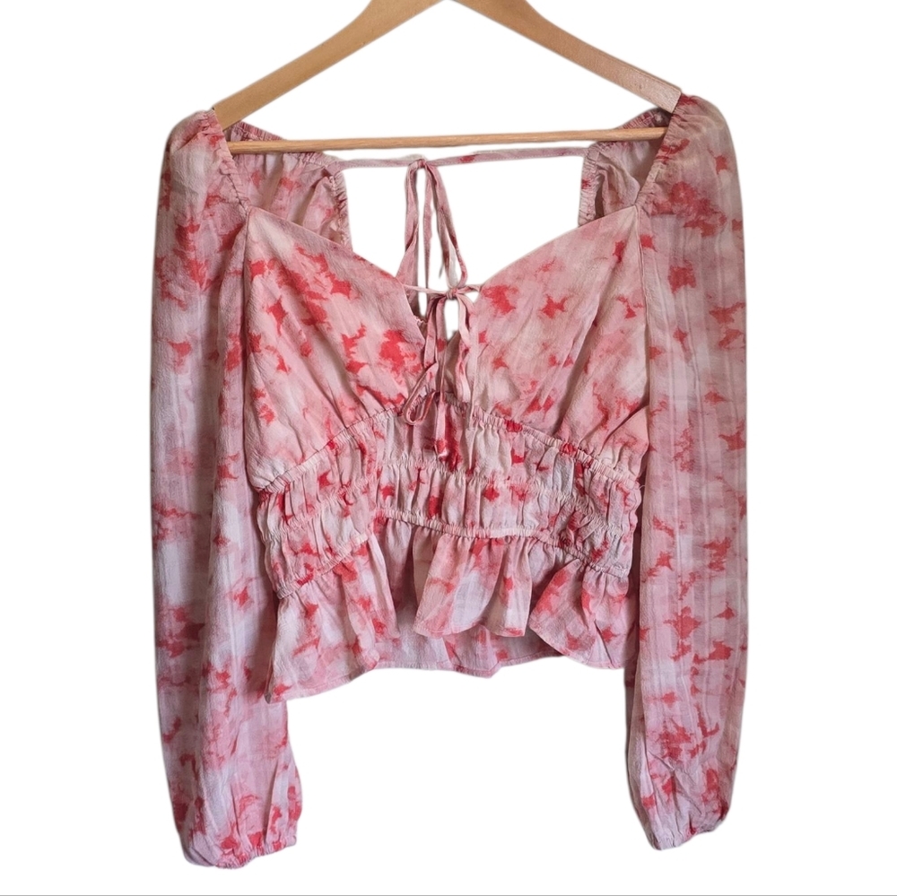 Dizzy Lizzy Low Cut Tie Front/Back Elastic Shoulder/Waist Tie-Dye Blouse Juniors